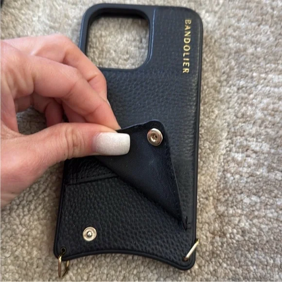 Bandolier iPhone 13 Pro Black Leather Phone Case with Gold Accents - Picture 2 of 3
